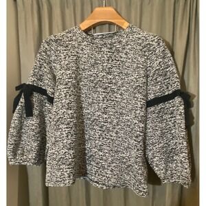 Karl Lagerfeld Paris Black White Textured Knit Bow Sleeve Sweater Women's Top